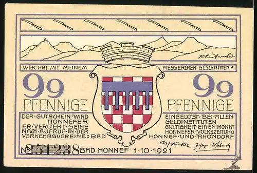 Notgeld Bad Honnef am Rhein 1921, 99 Pfennig, Karl Simrods Haus