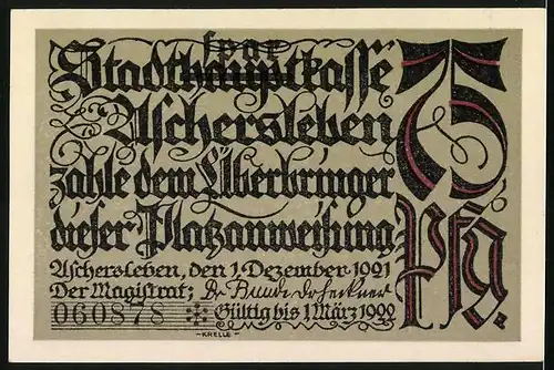 Notgeld Aschersleben 1921, 75 Pfennig, Die Bestehornstrasse