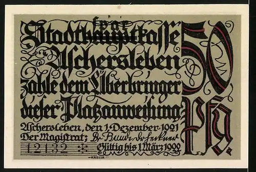 Notgeld Aschersleben 1921, 50 Pfennig, Markt mit Brunnen