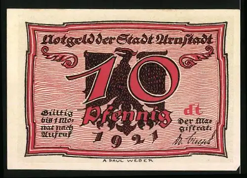 Notgeld Arnstadt 1921, 10 Pfennig, Geld scheissender Adler