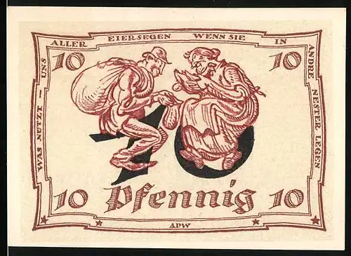 Notgeld Arnstadt 1921, 10 Pfennig, Huhn legt Eier in Beutel