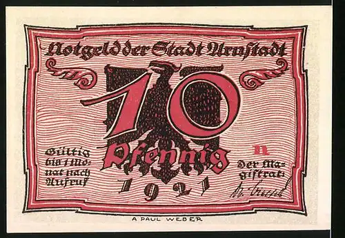 Notgeld Arnstadt 1921, 10 Pfennig, Huhn legt Eier in Beutel