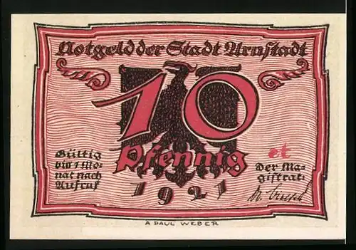 Notgeld Arnstadt 1921, 10 Pfennig, Mann raucht Zigarre