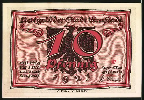 Notgeld Arnstadt 1921, 10 Pfennig, Hungernde Frau beim Bürokratius