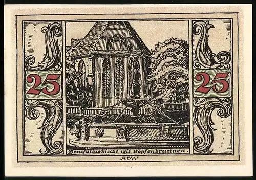 Notgeld Arnstadt 1921, 25 Pfennig, Bonifatiuskirche mit Bopfenbrunnen