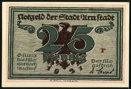 Notgeld Arnstadt 1921, 25 Pfennig, Bonifatiuskirche mit Bopfenbrunnen