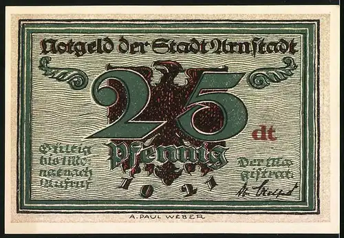 Notgeld Arnstadt 1921, 25 Pfennig, Schwarzburger Hof