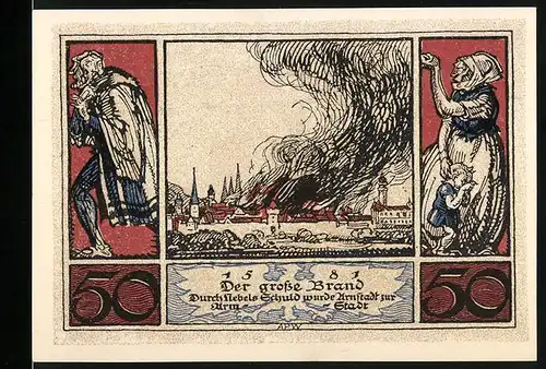 Notgeld Arnstadt 1921, 50 Pfennig, Der grosse Brand 1581