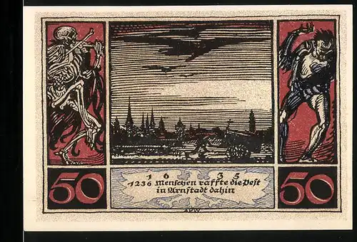 Notgeld Arnstadt 1921, 50 Pfennig, 1236 Menschen raffte die Pest in Arnstadt dahin 1635, Teilansicht