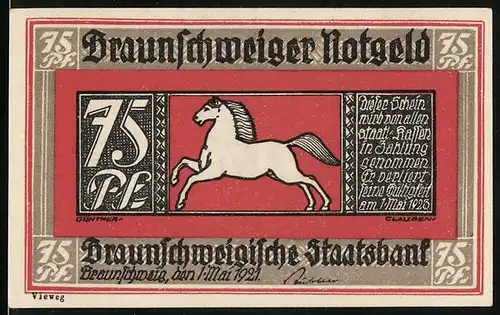 Notgeld Braunschweig 1921, 75 Pfennig, Weisses Pferd