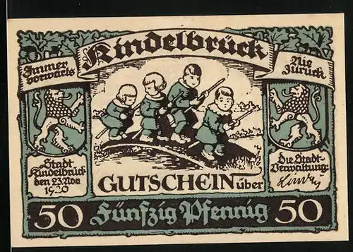 Notgeld Kindelbrück 1920, 50 Pfennig, Kinder auf einer Brücke