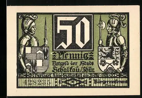 Notgeld Schalkau 1921, 50 Pfennig, Ritter in Rüstung mit Schild, Burg