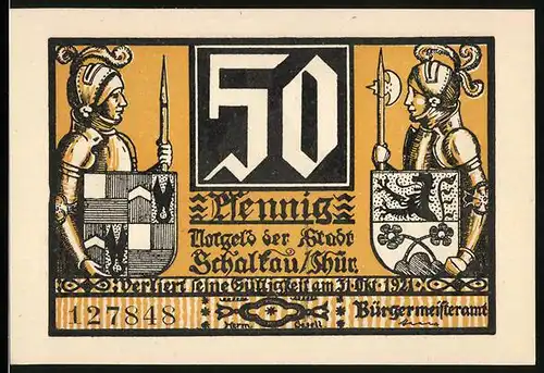Notgeld Schalkau 1921, 50 Pfennig, Ritter mit Wappen in Rüstung, Burgansicht