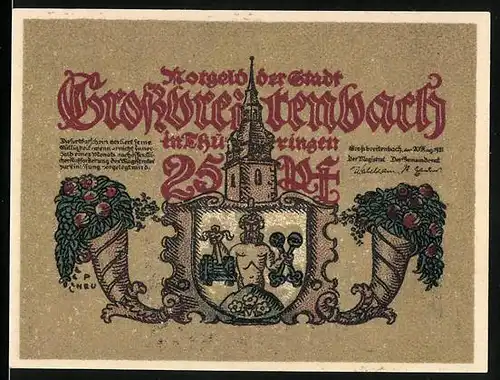 Notgeld Grossbreitenbach 1921, 25 Pfennig, Wappen vor dem Turm, Mann in der Gaststube