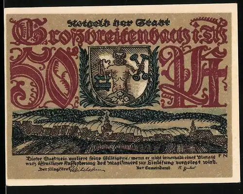 Notgeld Grossbreitenbach, 50 Pfennig, Ortsansicht, Männer in der Gläserei
