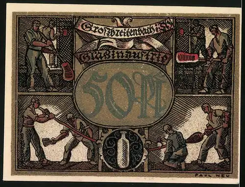Notgeld Grossbreitenbach, 50 Pfennig, Ortsansicht, Männer in der Gläserei