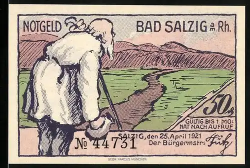 Notgeld Bad Salzig am Rh. 1921, 50 Pfennig, Alter Wanderer auf der Reise, Ortspartie am Wasser