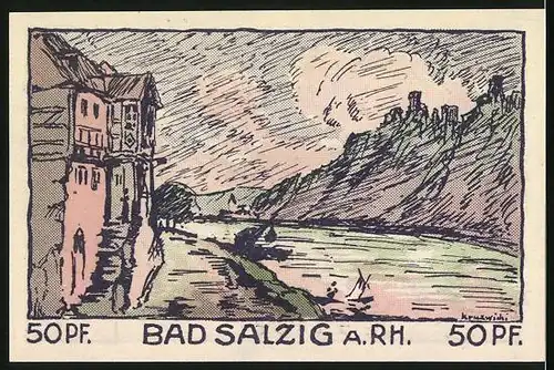 Notgeld Bad Salzig am Rh. 1921, 50 Pfennig, Alter Wanderer auf der Reise, Ortspartie am Wasser