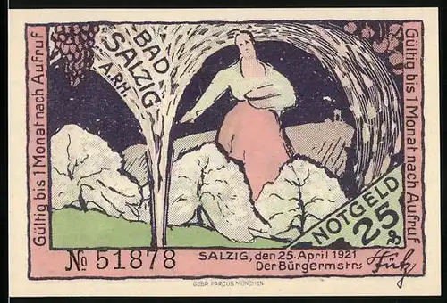 Notgeld Bad Salzig 1921, 25 Pfennig, Dame unterm Springbrunnen, Ave Maria Stein