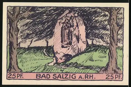Notgeld Bad Salzig 1921, 25 Pfennig, Dame unterm Springbrunnen, Ave Maria Stein