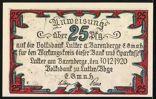 Notgeld Lutter a. Barenberge 1920, 25 Pfennig, Zilly nach der Schlacht