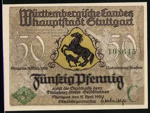 Notgeld Stuttgart 1921, 50 Pfennig, Wappen mit Pferd, Ortsansicht