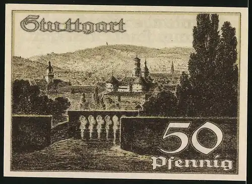 Notgeld Stuttgart 1921, 50 Pfennig, Wappen mit Pferd, Ortsansicht