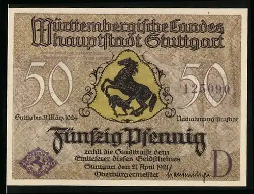 Notgeld Stuttgart 1921, 50 Pfennig, Wappen, Wilhelmsbrücke
