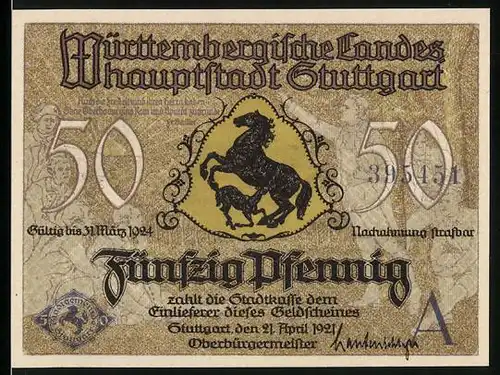 Notgeld Stuttgart 1921, 50 Pfennig, Wappen mit Pferd und Fohlen, Altes Schloss und Stiftskirche
