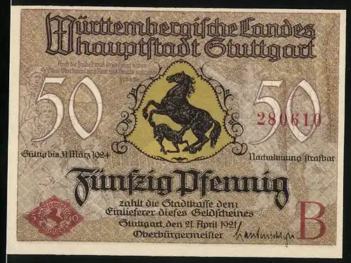 Notgeld Stuttgart 1921, 50 Pfennig, Wappen, Königstor