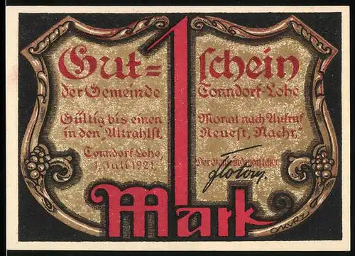 Notgeld Tonndorf-Lohe 1921, 1 Mark, Justizia mit Fleischkarte auf Wage