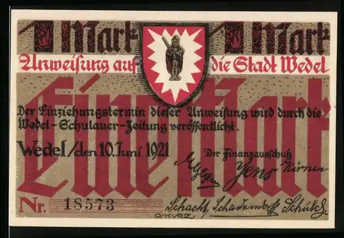 Notgeld Wedel 1921, 1 Mark, Wappen, Bauer, Gärtner und Fischermänner bei der Arbeit