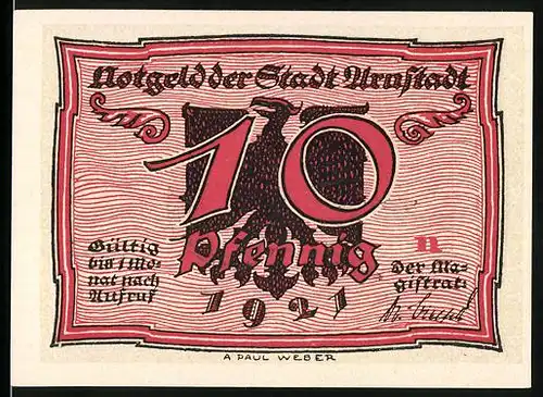 Notgeld Arnstadt 1921, 10 Pfennig, Adler, Menschen mit vollen Säcken
