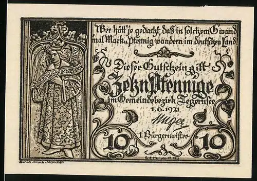 Notgeld Tegernsee 1921, 10 Pfennig, Geistlicher mit Krone, Ortsansicht