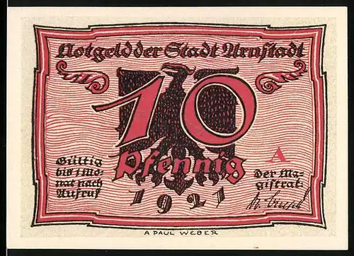 Notgeld Arnstadt 1921, 10 Pfennig, Adler, Dicker und dünner Mann auf der Zahl