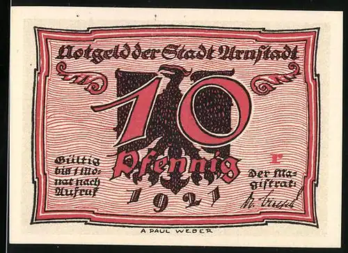 Notgeld Arnstadt 1921, 10 Pfennig, Hungriges Paar auf der Zahl, Adler
