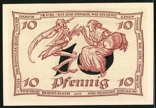 Notgeld Arnstadt 1921, 10 Pfennig, Hungriges Paar auf der Zahl, Adler