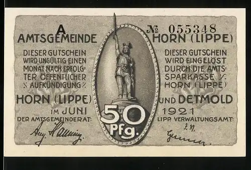 Notgeld Horn /Lippe 1921, 50 Pfennig, Römer reiten ein, Denkmal