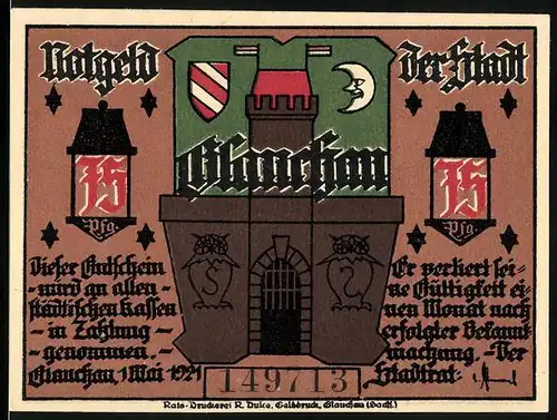 Notgeld Glauchau 1921, 75 Pfennig, Stadttor, Vier Männer vor einem riesigen Glas