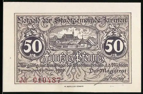 Notgeld Jarmen 1920, 50 Pfennig, Ortsansicht mit Kirche