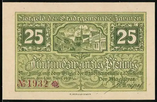 Notgeld Jarmen 1920, 25 Pfennig, Strassenpartie mit Blick zur Kirche