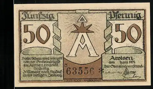 Notgeld Arolsen 1921, 50 Pfennig, Wappen, kleines Haus und Denkmal