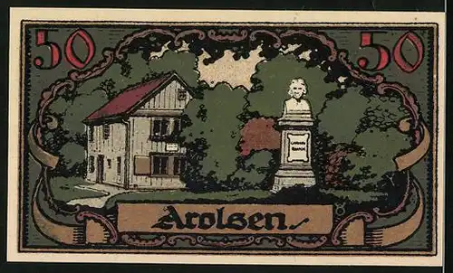 Notgeld Arolsen 1921, 50 Pfennig, Wappen, kleines Haus und Denkmal
