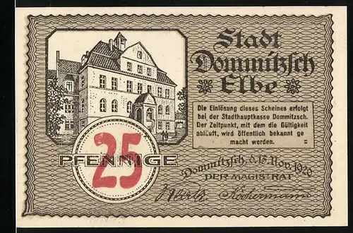 Notgeld Dommitzsch 1920, 25 Pfennige, Grosses Gebäude, Ortsansicht