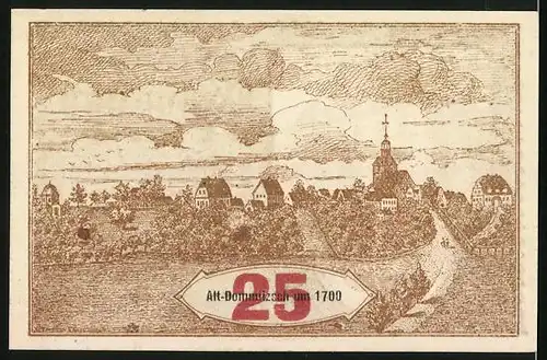 Notgeld Dommitzsch 1920, 25 Pfennige, Grosses Gebäude, Ortsansicht