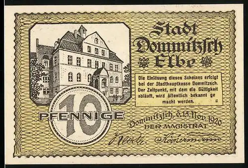 Notgeld Dommitzsch 1920, 10 Pfennig, Grosses Haus, Ortsansicht mit Kirche