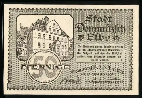 Notgeld Dommitzsch 1920, 50 Pfennig, Frontansicht grosses Haus, Ortsansicht