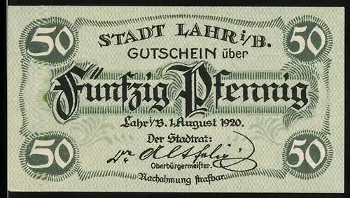 Notgeld Lahr i. B. 1920, 50 Pfennig, Rathaus