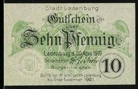 Notgeld Ladenburg 1919, 10 Pfennig, Wappen, Unterschreift vom Bürgermeister
