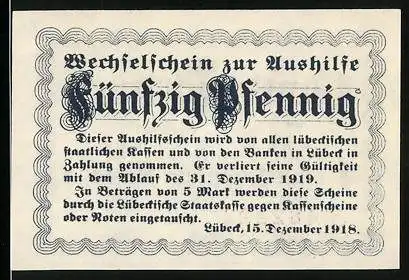 Notgeld Lübeck 1918, 50 Pfennig, Wappen und Unterschrift